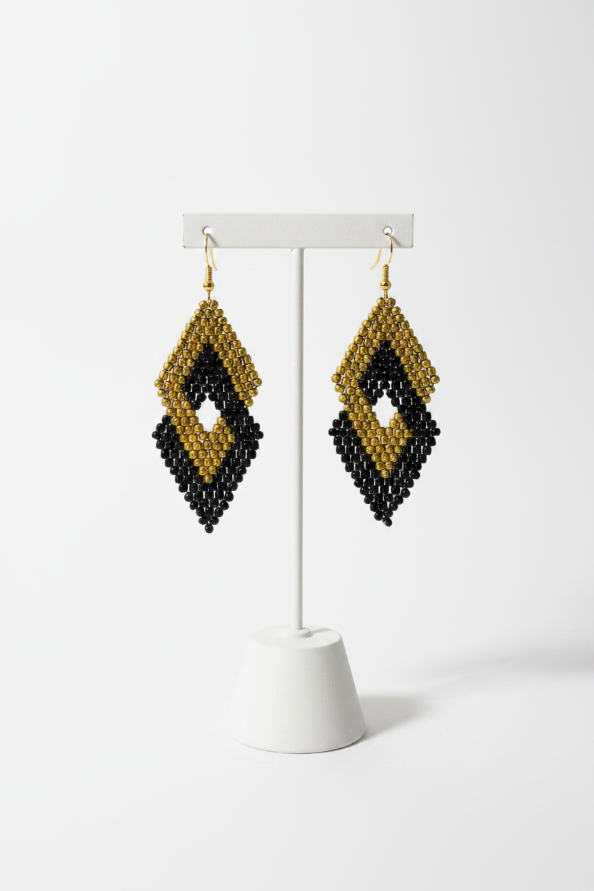 Black & Gold Beaded Earrings on Display Hanger