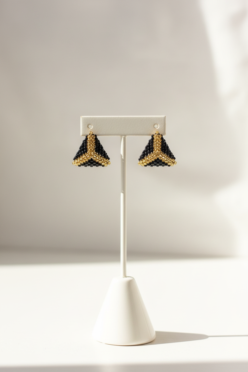 Black & Gold Beaded Earrings on Stand