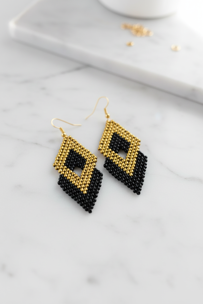 Black & Gold Beaded Earrings
