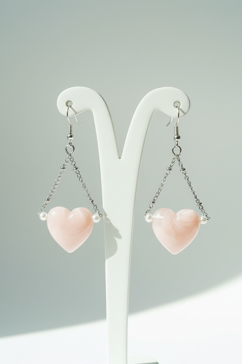 Blush Pink Heart Earrings hanging shot