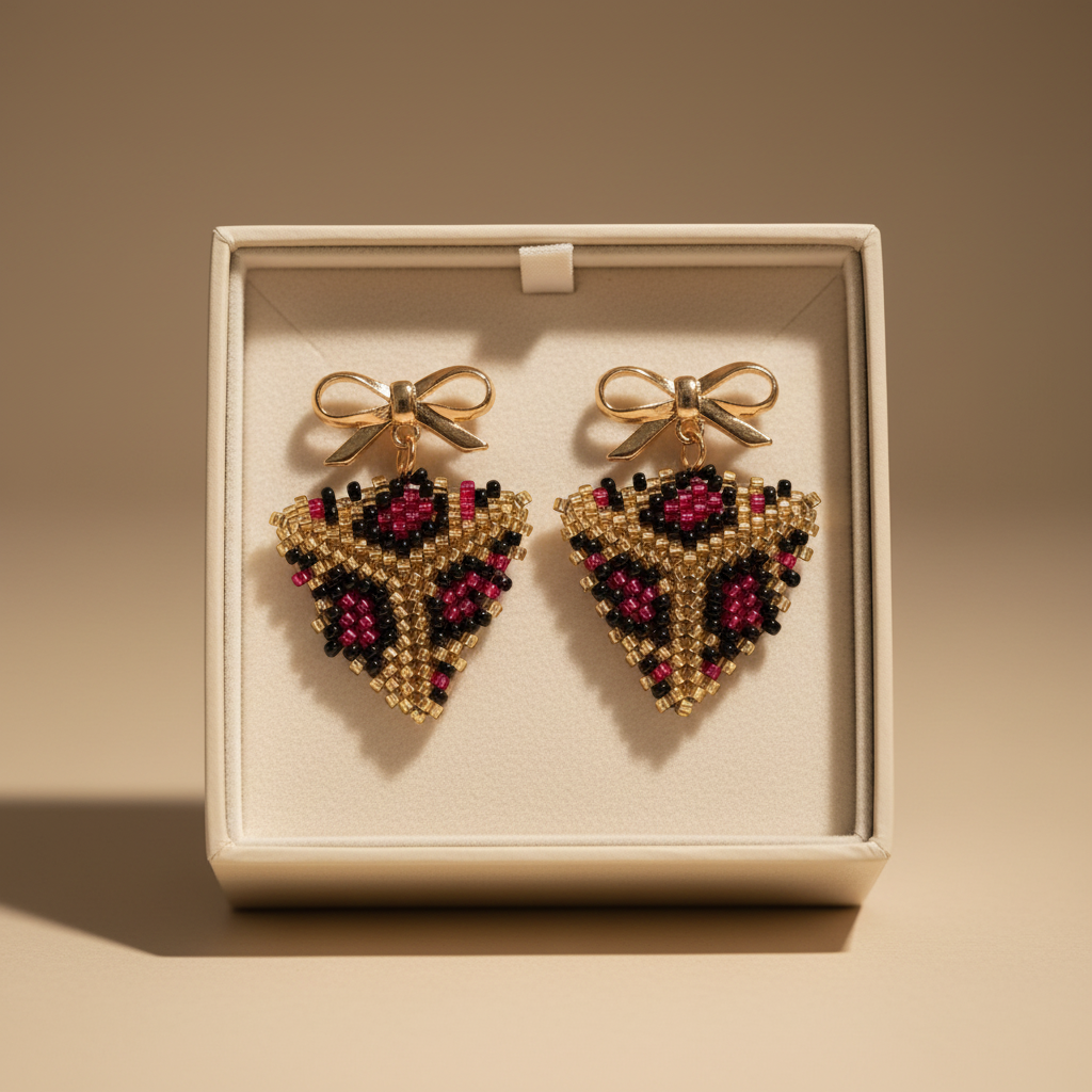 Gift presentation of bow and beaded drop earrings