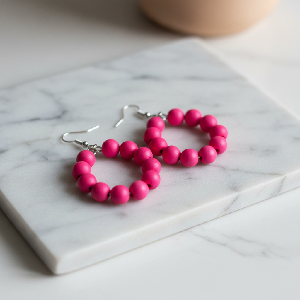 Hot Pink Bead Hoop Earrings Marble