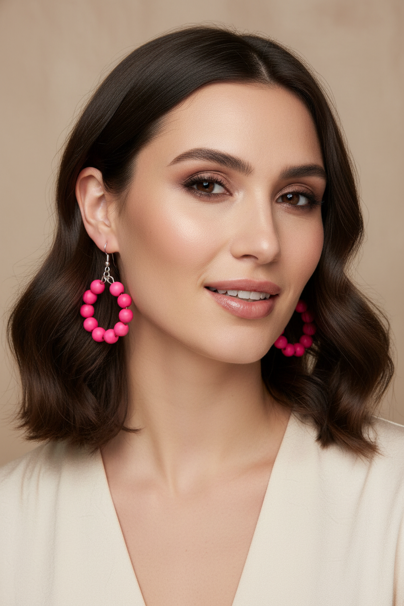 Hot Pink Bead Hoop Earrings on Model