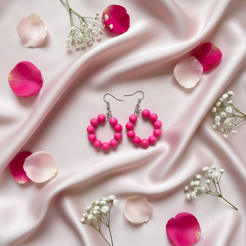 Hot Pink Bead Hoop Earrings Rose Petals