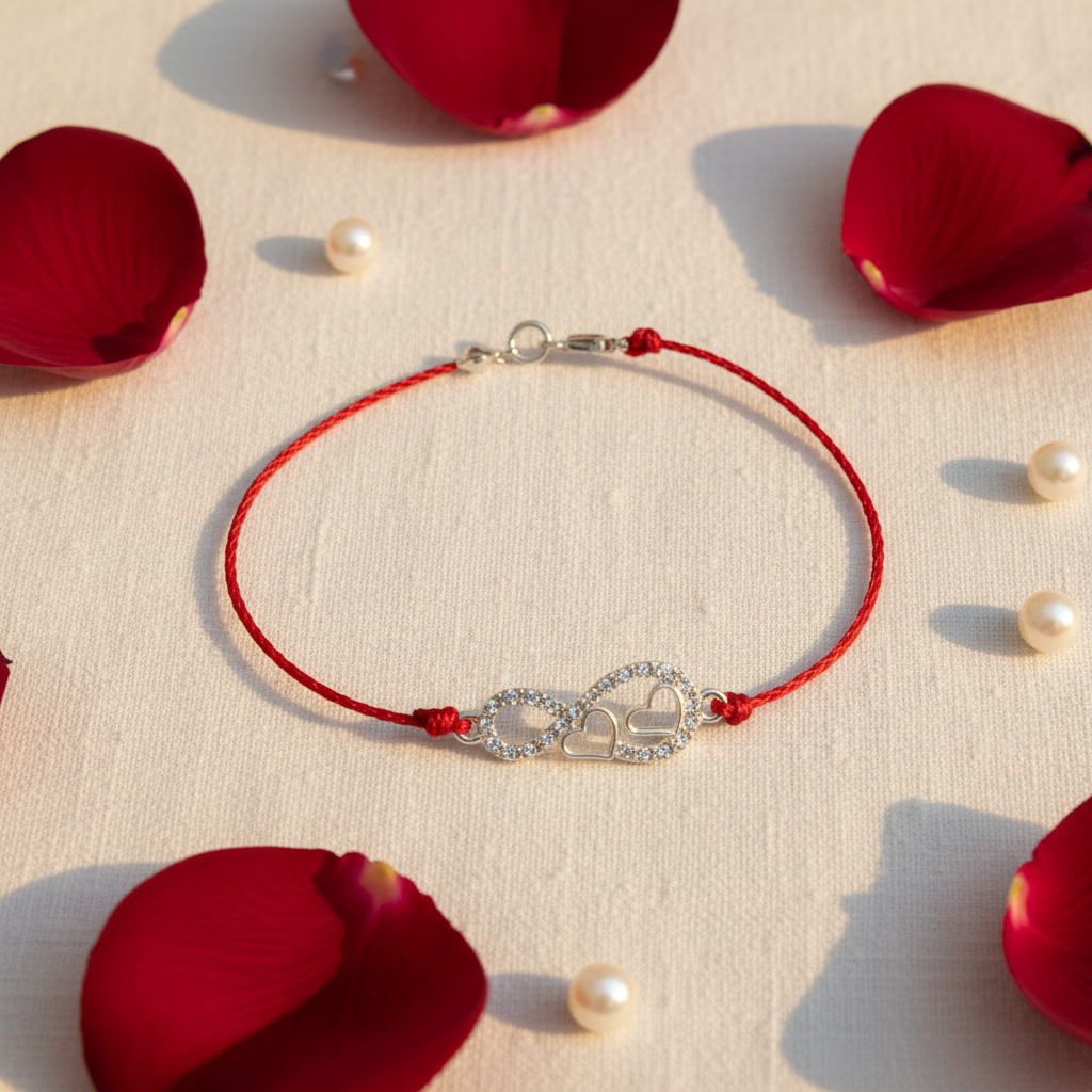 Red string infinity heart bracelet lifestyle flat lay