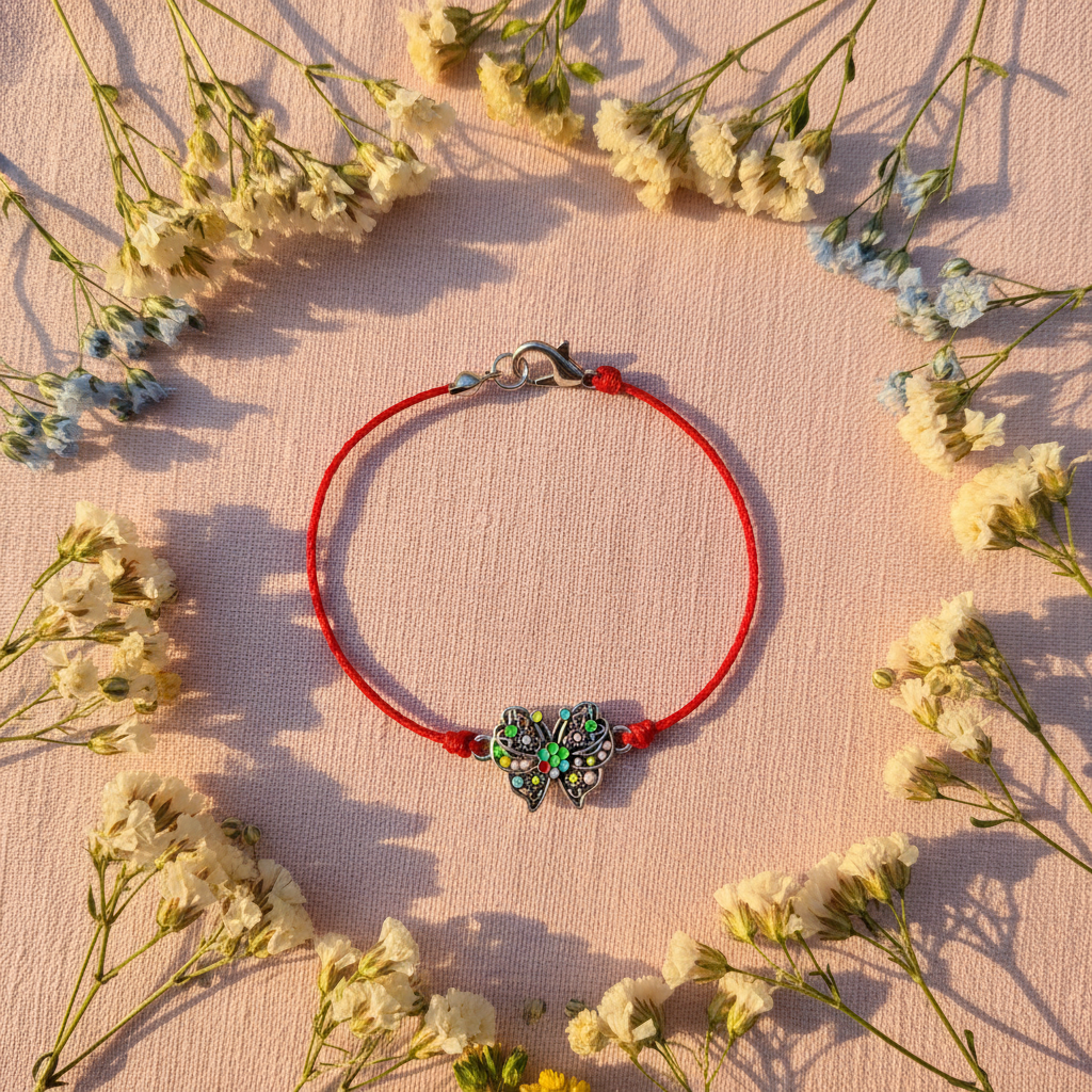 Red string colorful butterfly bracelet lifestyle flat lay