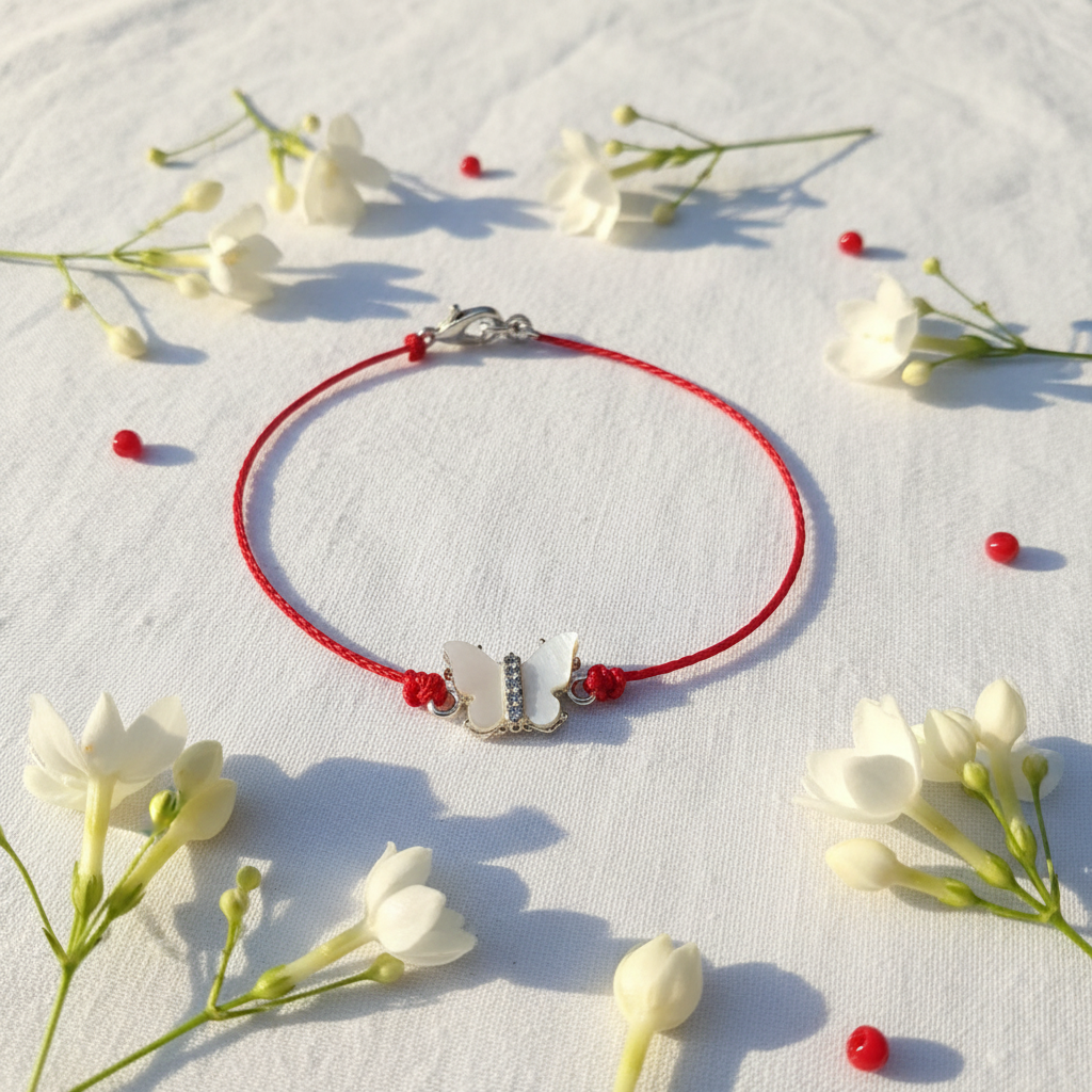 Red string crystal butterfly bracelet lifestyle flat lay