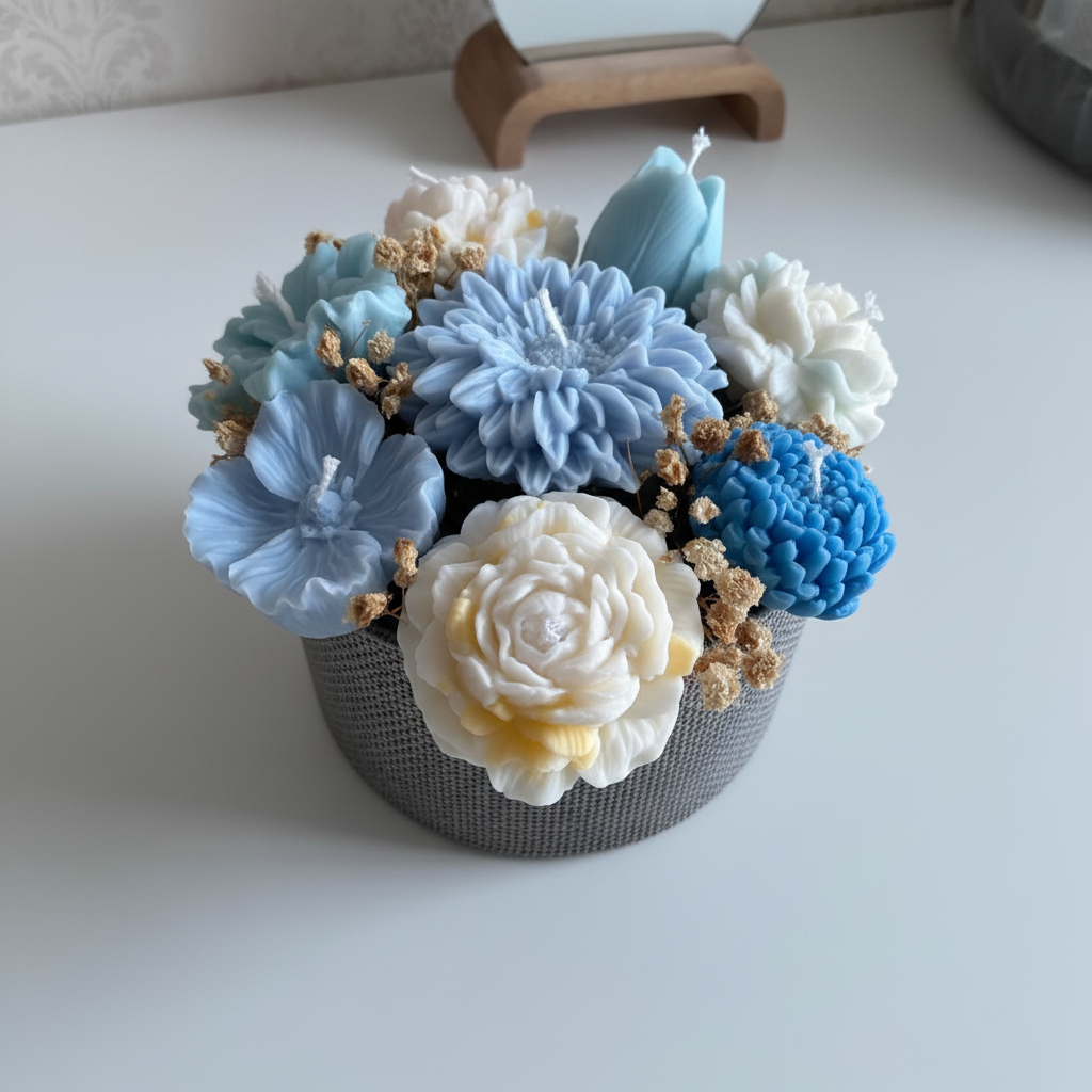 Handmade soy wax candle bouquet with blue and white flowers in a gray woven basket