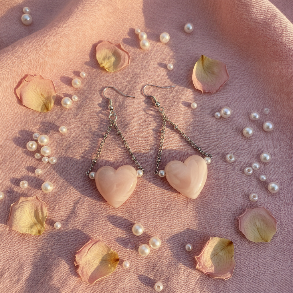 Blush pink heart earrings lifestyle flat lay