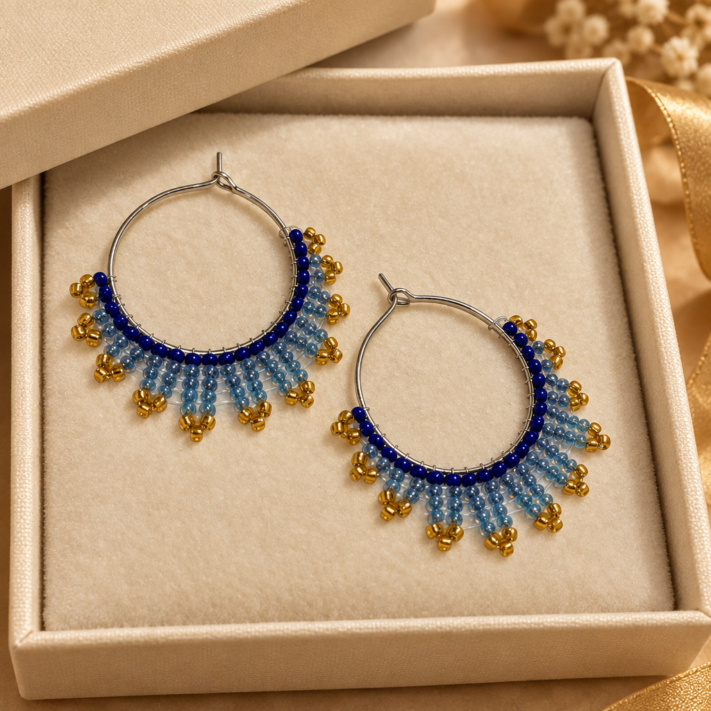 Pair of handmade beaded hoop earrings with royal blue, icy blue and gold seed beads in an open cream gift box