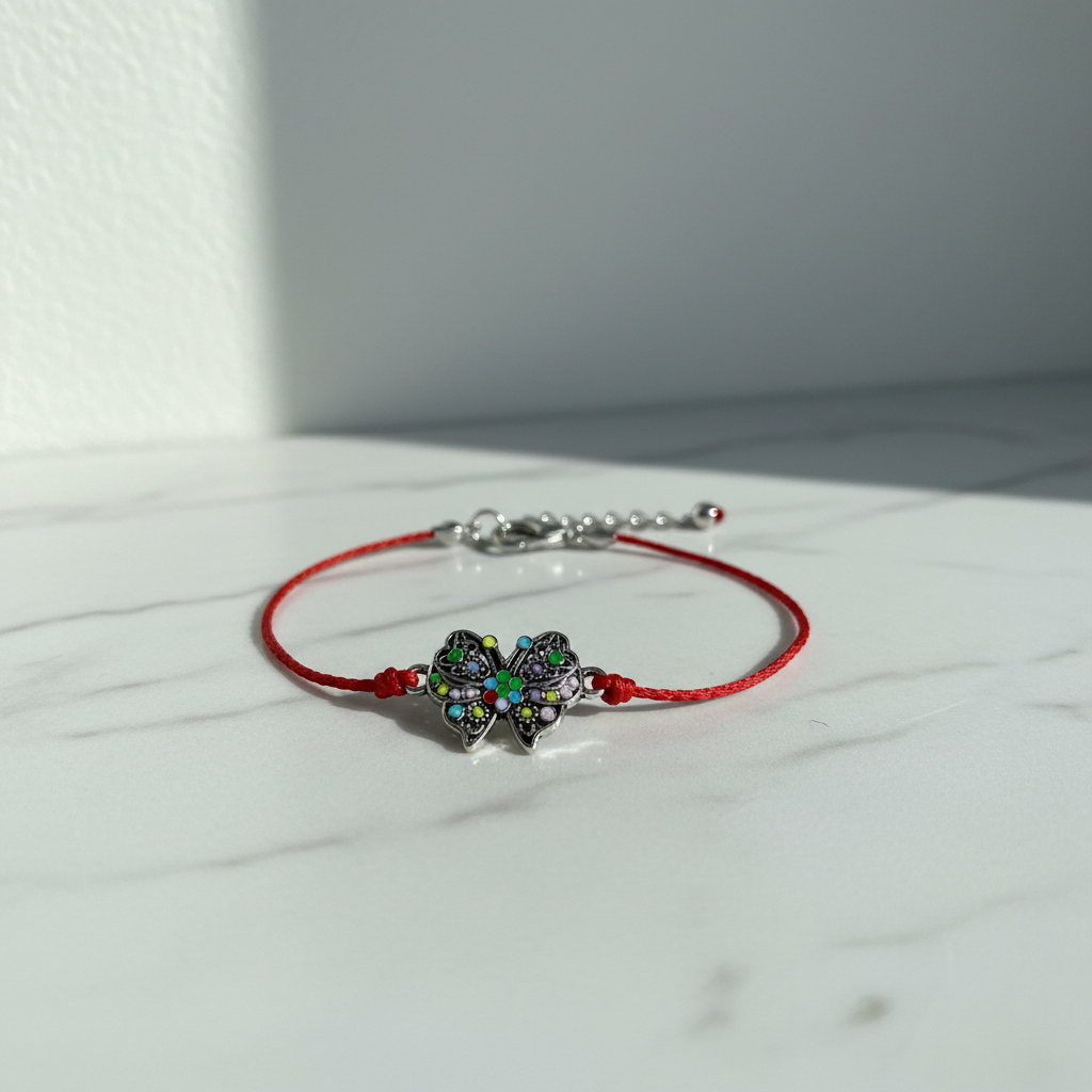 Red string colorful butterfly bracelet editorial product shot