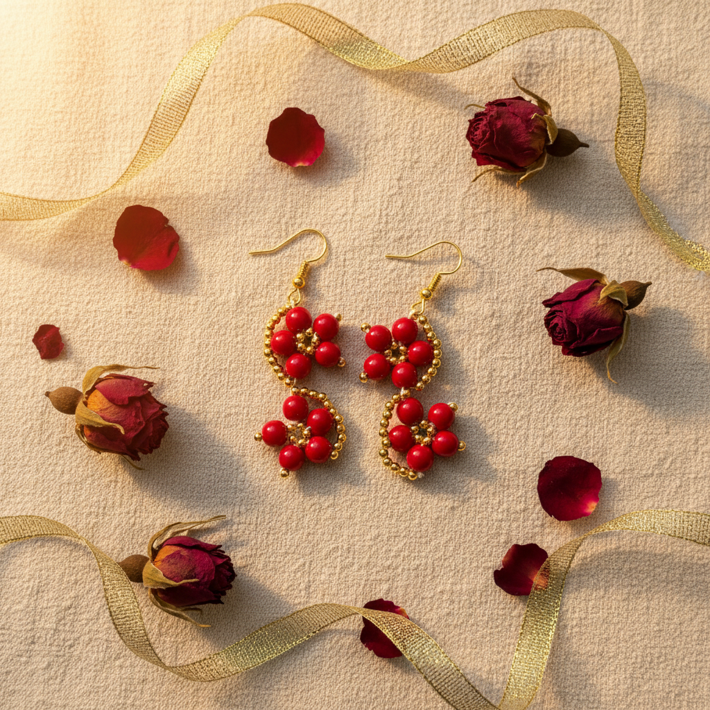 Red gold beaded flower earrings lifestyle flat lay
