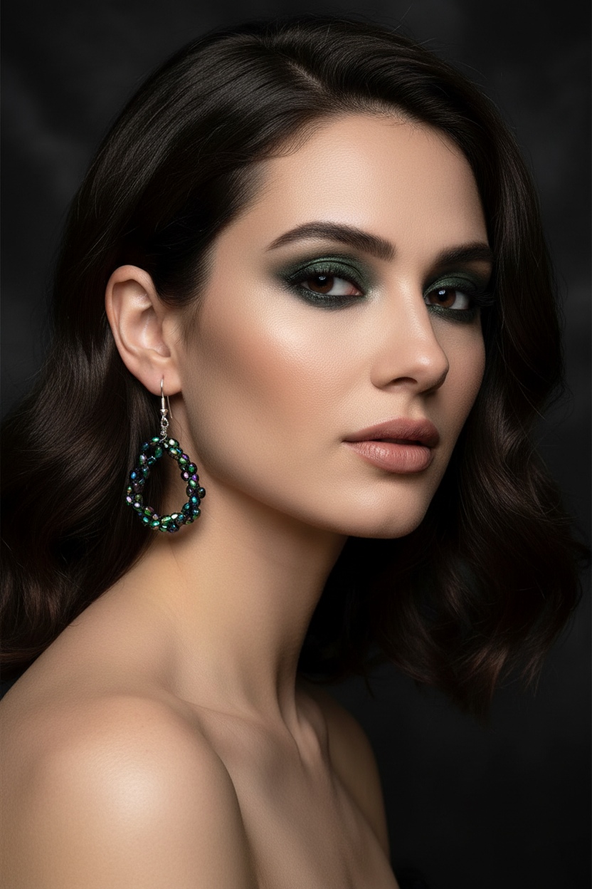 Iridescent Crystal Teardrop Earrings on Model