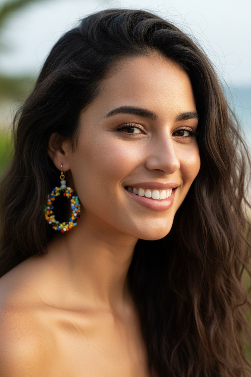 Multicolour Bead Hoop Earrings on Model