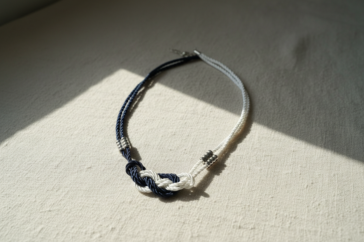 Navy & White Rope Necklace on Linen