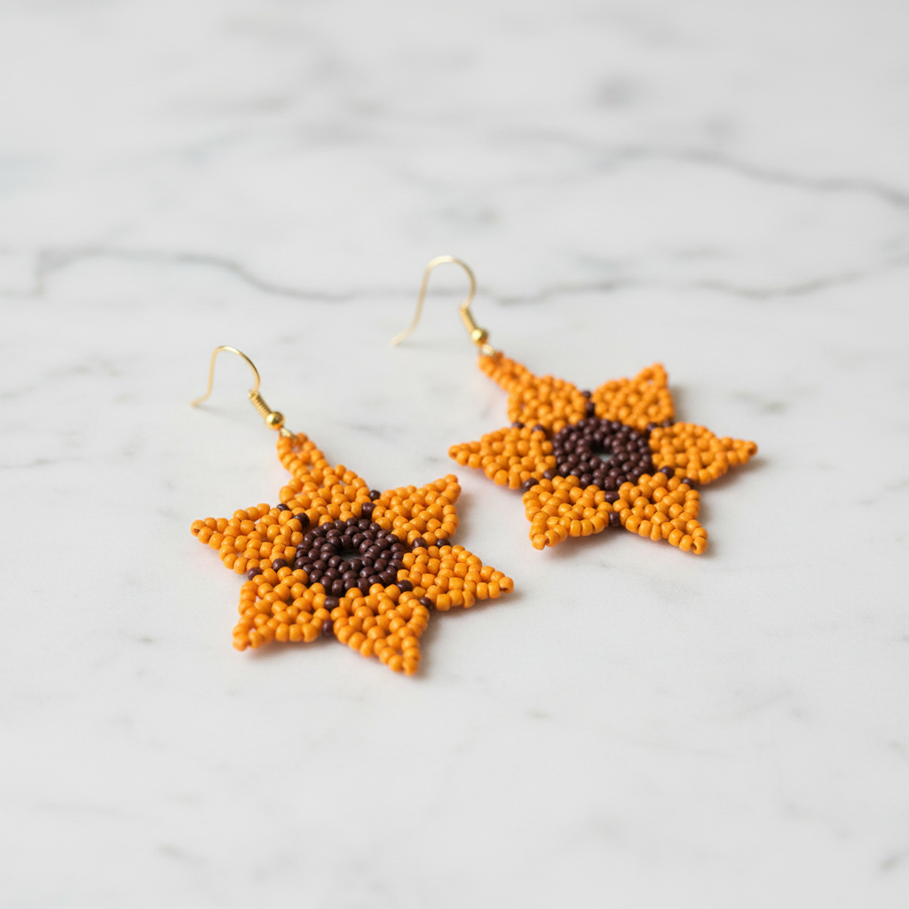 Orange Seed Bead Sunflower Earrings