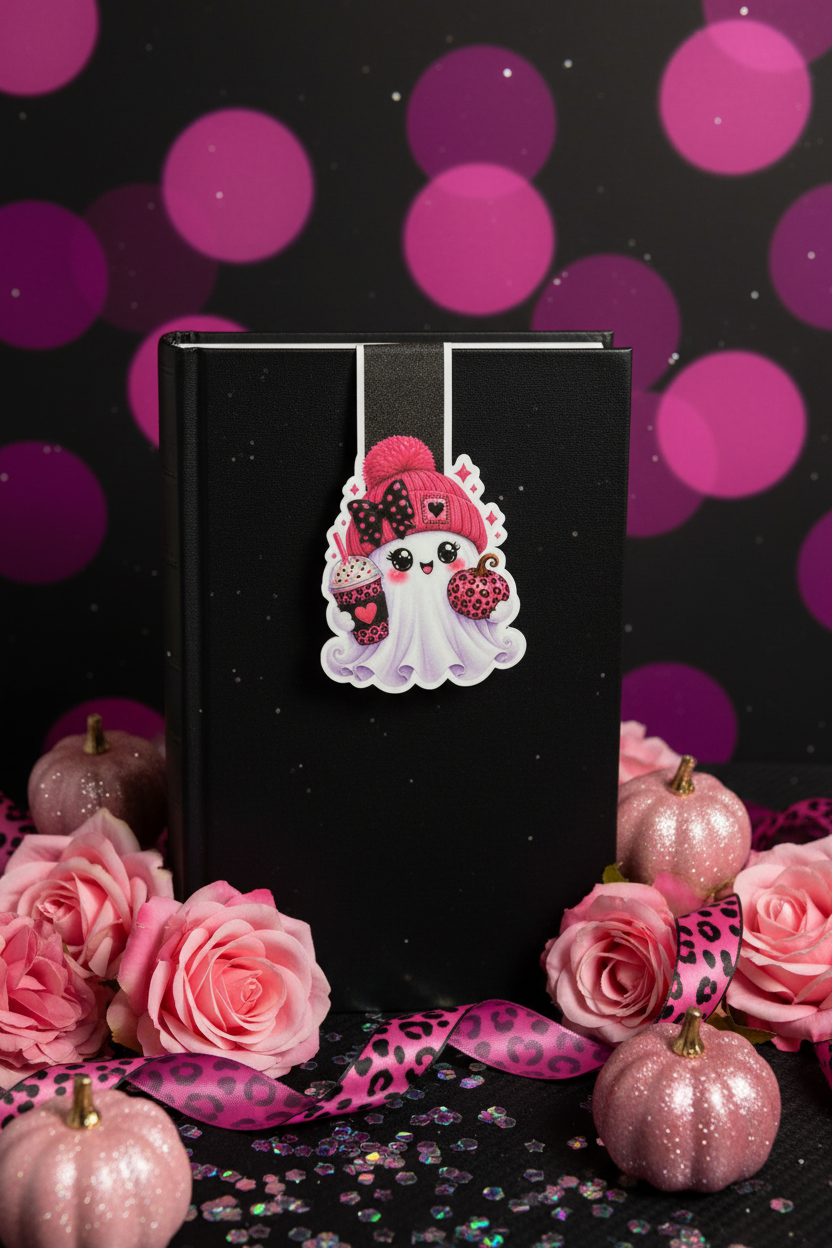 Pink Ghost Bookmark on Dark Book