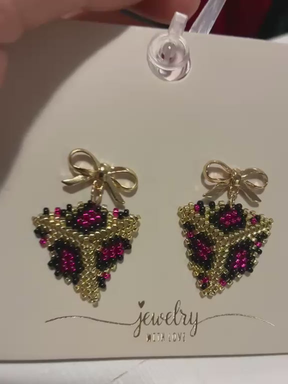 Handmade Raspberry & Gold Beaded Bow Drop Earrings