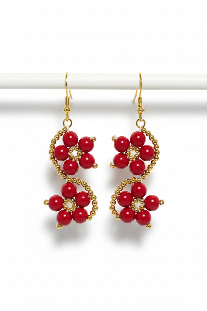 Red Gold Flower Earrings front hanging