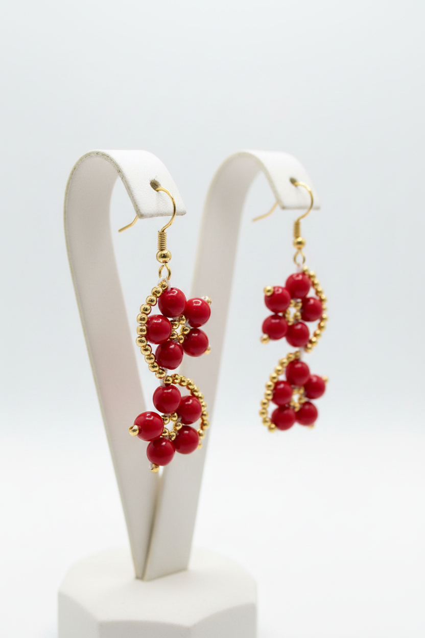 Red Gold Flower Earrings hanging shot