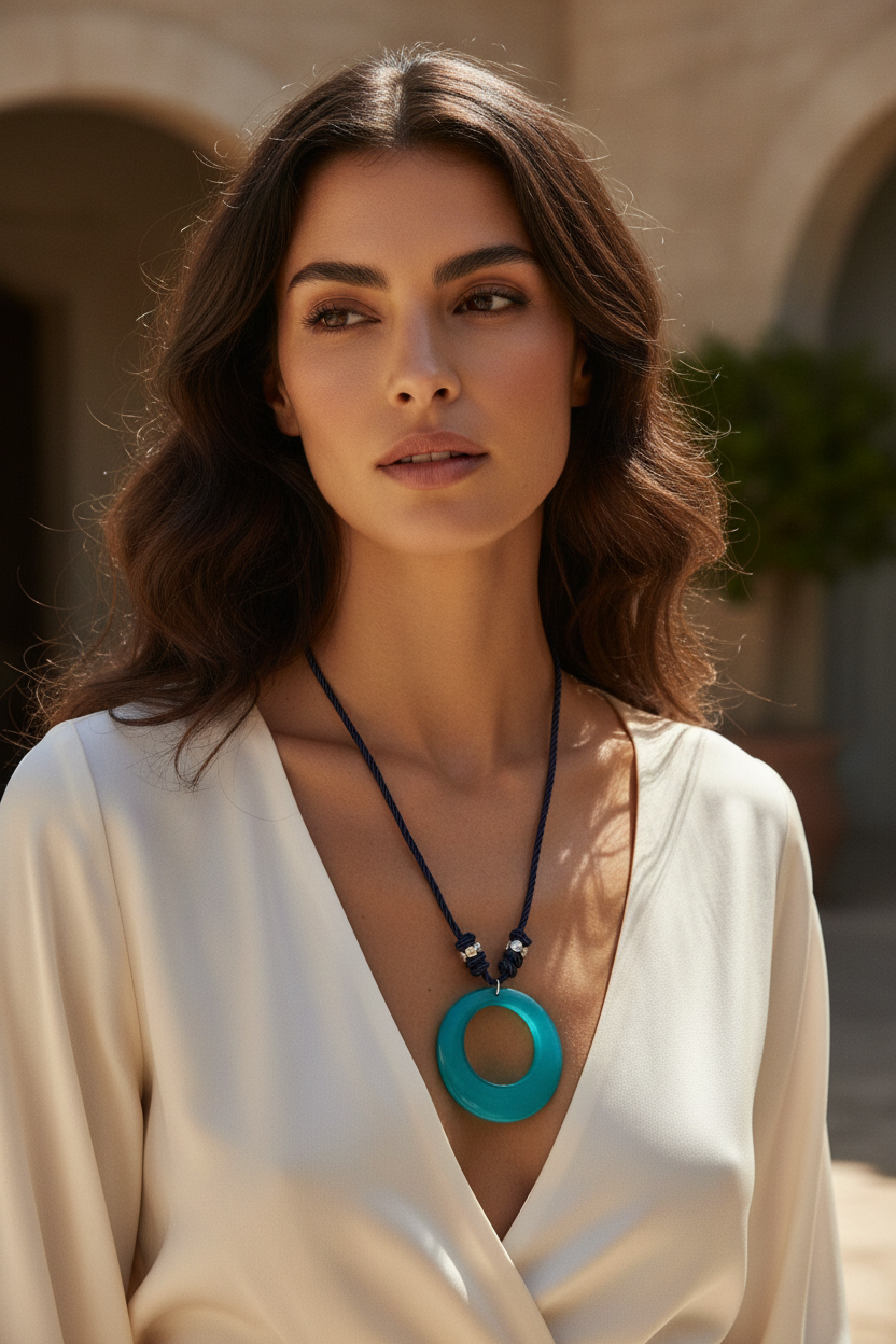 Turquoise Circle Pendant on Model