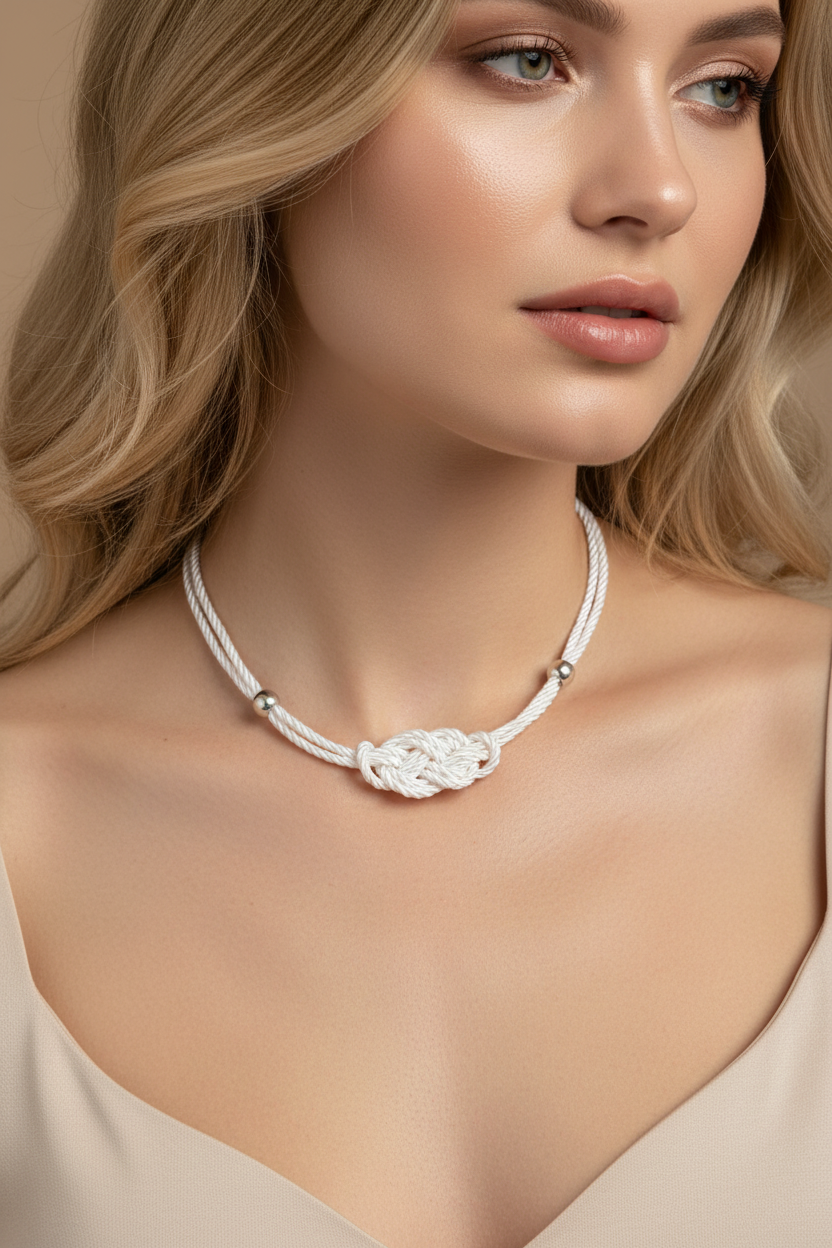 White Sailor Knot Necklace on Model