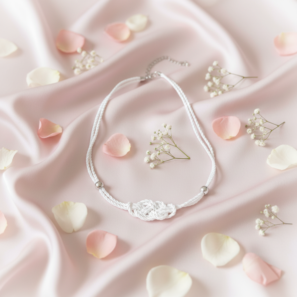 White Sailor Knot Necklace Rose Petals