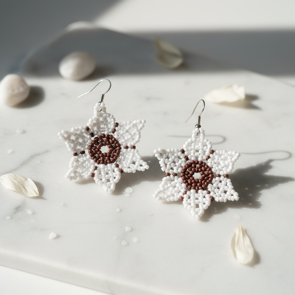 White Seed Bead Flower Earrings