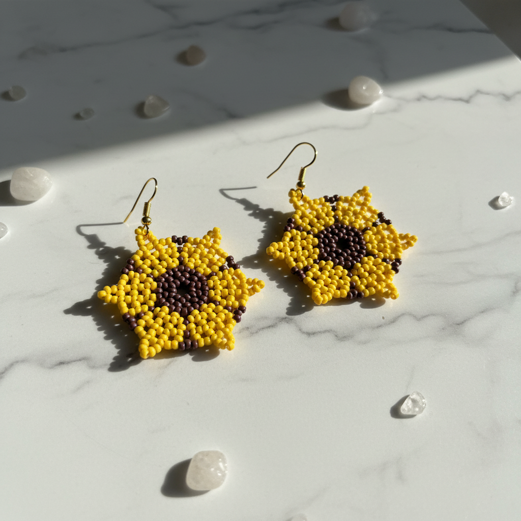 Yellow Seed Bead Sunflower Earrings